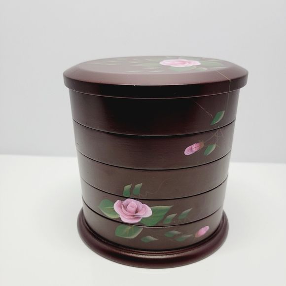 Jewelry Box Organizer 5 Tier Oval Wooden Swivel Tower Hand Painted Floral - Picture 3 of 16
